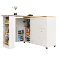 360° drehbare ausziehbare Kücheninsel, mit 3 Schubladen, 2 Türen und seitlichem Snackregal, 135-203 x 39 x 106 cm, Weiß(m-7)