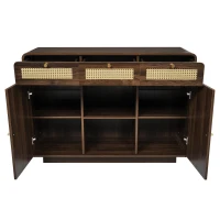 Kommode, 3 Schubladen + 2 Schränke mit offenem Mittelregal und Rattan-Fronten, 120 x 40 x 85 cm, Braun(m-7)