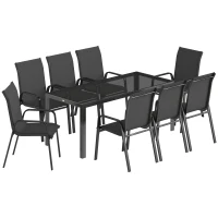 Outsunny 9-teiliges Garten-Ess-Set, Tisch und Stühle für 8 Personen, Outdoor-Set mit gehärteter Glasplatte, Schwarz(m-1)