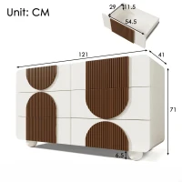 Cómoda con 6 cajones, con listones de madera color chocolate y patas esféricas de madera maciza blancas, 121x41x71 cm, Blanco(m-3)