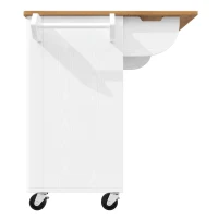 Isla de cocina móvil con encimera abatible, 3 puertas, toallero y estante para especias, 130x45/75x92 cm, Blanco(m-10)