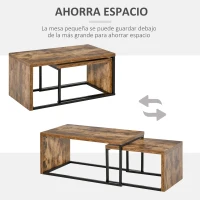 HOMCOM Juego de 2 Mesas de Centro, Mesa Nido Moderna, Mesitas Auxiliares, Marco de Metal, para Salón, Dormitorio, Grande 90x48x42 cm y Pequeña 59x42x36 cm, Marrón Rústico y Negro(m-7)
