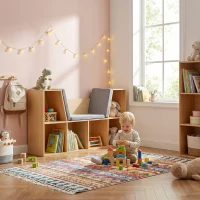 HOMCOM Kinderboekenkast 2-in-1 Kinderrek Speelbank 103 cm incl. Kussens Grijs Naturel(m-10)