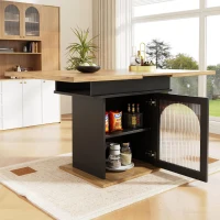 Mesa de comedor extensible con 3 niveles de almacenaje y puertas de vidrio, 110-140x80x76 cm, Negro(m-4)