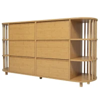 Cómoda aparador, 6 cajones & estantes abiertos, diseño romano con columnas & estantes-bambú, 160x40x75 cm, Color natural(m-10)