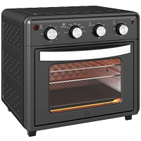 HOMCOM Mini Piekarnik z termoobiegiem 30 L 1600W 90-230℃ z timerem 60 min, wewnętrznym oświetleniem, tacką na okruchy, blachą do pieczenia, rusztem grillowym, koszem do smażenia, piekarnik do pizzy, czarny