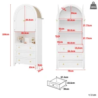 Armario alto con arco de almacenaje con 3 cajones, puertas y estante expositor abierto, para cocina y salón, 70x35x180 cm, Blanco(m-3)