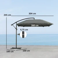 Outsunny Parasol descentrado 3 m, parasol de jardín exterior inclinable, Base, Manivela, tela de poliéster 180 g/m², Gris Oscuro(m-3)