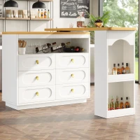 Mesa de bar extensible con 360°-función giratoria, 6 cajones y estante lateral para aperitivos, 137-203x39x90 cm, Blanco(m-2)