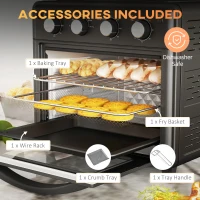 HOMCOM Mini Piekarnik z termoobiegiem 30 L 1600W 90-230℃ z timerem 60 min, wewnętrznym oświetleniem, tacką na okruchy, blachą do pieczenia, rusztem grillowym, koszem do smażenia, piekarnik do pizzy, czarny(m-6)