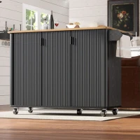 Îlot de cuisine mobile avec plan de travail rabattable, 3 portes, porte-serviettes et étagère à épices, 130x45/75x92 cm, Noir(m-1)