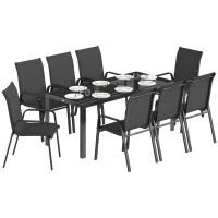 Outsunny Ensemble Repas de Jardin 9 Pièces, Table et Chaises pour 8 Personnes, Set d'Extérieur avec Plateau en Verre Trempé, Noir(m-6)