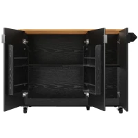 Îlot de cuisine mobile avec plan de travail rabattable, 3 portes, porte-serviettes et étagère à épices, 130x45/75x92 cm, Noir(m-8)