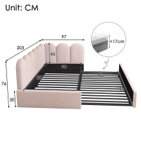 Cama tipo daybed tapizada con cama extraíble, sofá cama 2 en 1 con tapizado de terciopelo y somier de lamas, sin colchón, cama principal 90x200 cm / cama extraíble 90x190 cm, Rosa(m-3)