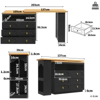 Mesa de bar extensible con 360°-función giratoria, 6 cajones y estante lateral para aperitivos, 137-203x39x90 cm, Negro(m-3)