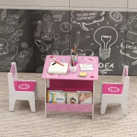AIYAPLAY Set Tavolo con 2 Sedie per Bambini 3-8 Anni, Tavolino con Scaffale in Legno MDF con Disegni a Cuori, Rosa(m-9)