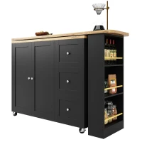 360° drehbare ausziehbare Kücheninsel, mit 3 Schubladen, 2 Türen und seitlichem Snackregal, 135-203 x 39 x 106 cm, Schwarz(m-6)