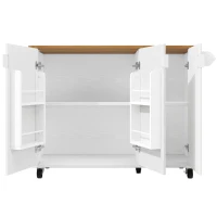 Isla de cocina móvil con encimera abatible, 3 puertas, toallero y estante para especias, 130x45/75x92 cm, Blanco(m-8)