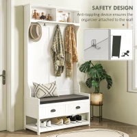 HOMCOM 2 w 1 wieszak na ubrania, wieszak na ubrania z 4 wieszakami, garderoba z ławką na buty i półkami, wieszak na ubrania z zabezpieczeniem antyprzechyleniowym, do przedpokoju, korytarza, sypialni, biały + szary(m-5)