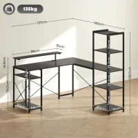 HOMCOM Escritorio en L con estación de carga, mesa de ordenador esquinera con soporte para monitor y estanterías, para home office, oficina, Negro(m-3)