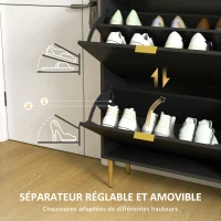 HOMCOM Meuble à chaussures 20 paires avec 4 tiroirs rabattables, portes cannelées et étagères réglables, 105x24x91,5cm, noir(m-6)