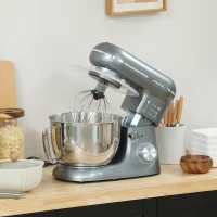 HOMCOM Robot pâtissier 1300 W, robot pétrin professionnel 4,5 L, bol d'acier inoxydable, 6+P vitesses et pulse, argent(m-10)