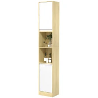 HOMCOM Columna de Baño Estrecha con 2 Puertas y 2 Estantes Abiertos, para Espacios Pequeños, 30x24x170 cm, Roble y Blanco(m-11)