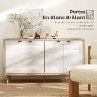 HOMCOM Buffet à haute brillance, meuble de rangement avec 4 portes, étagères réglables, 141 x 35 x 77 cm, blanc et chêne(m-4)