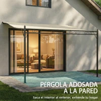 Outsunny Pérgola de Pared 2,5x3,5 m con Techo Inclinado Orificios de Drenaje y Estructura Metálica Blanco Crema(m-6)