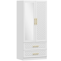 HOMCOM Armario Ropero con Espejo 2 Puertas y 2 Cajones Relieve de Diamante Barra para Colgar 80x50x180 cm Blanco