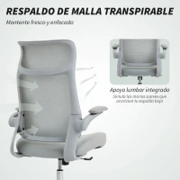 HOMCOM Silla de Oficina Ergonómica Giratoria de Malla con Soporte Lumbar Reposabrazos Abatibles Reposacabezas Basculante Gris(m-5)