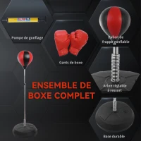 HOMCOM Sac de Frappe sur Pied Punching ball sur pied réglable en hauteur 126-144 cm avec gants, pompe et base de lestage pour adolescents et débutants noir et rouge(m-5)