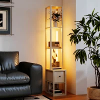 HOMCOM Floor Lamp with Shelves, LED Column Modern Standing Lamp with Fabric Drawer, Adjustable Brightness, Foot Switch for Living Room, Bedroom, Office, Oak(m-8)