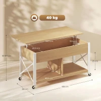 HOMCOM Mesa de Centro Elevable con Ruedas Mesa de Salón con Compartimento Oculto Estantes Abiertos Madera Natural y Blanco(m-3)