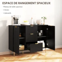 HOMCOM Buffet meuble cuisine rangement avec 3 tiroirs, étagères réglables, placards à portes cannelées, 120 x 40 x 90 cm, noir(m-4)