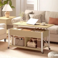 HOMCOM Mesa de Centro Elevable con Ruedas Mesa de Salón con Compartimento Oculto Estantes Abiertos Madera Natural y Blanco(m-8)