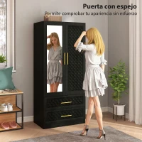 HOMCOM Armario Ropero con Espejo 2 Puertas y 2 Cajones Relieve de Diamante Barra para Colgar 80x50x180 cm Negro(m-6)