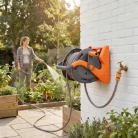 Outsunny Portable Garden Hose Reel, 20+2 m Wall Mounted Hose Reel with 2 Patterns Spray Nozzle and Crank Handle, Orange(m-2)