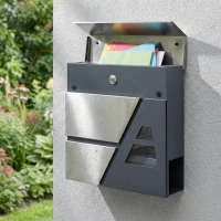 HOMCOM Cutie poștală montare pe perete, rezistentă la intemperii, cu suport pentru ziare și 2 chei pentru perete exterior, gri închis(m-4)