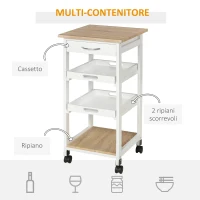 HOMCOM Carrello da Cucina con Ruote, 2 Ripiani Rimovibili, Cassetto, Scaffale, in Legno di Pino, Bianco(m-4)