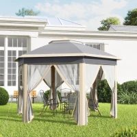 Outsunny tuinpaviljoen opvouwbaar tuinhuisje 4 x 4 m pop-up tent partytent incl. draagtas 6 zijpanelen dubbel dak zeshoekig beige + kaki(m-2)