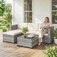 Outsunny Salotto da giardino in polyrattan 5 pezzi con divano angolare, pouf, tavolo e cuscini, Grigio e Crema(m-2)