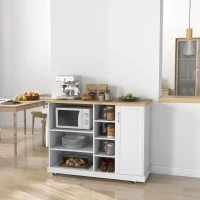 HOMCOM Desserte îlot de cuisine sur roulettes 7 compartiments 1 placard 1 porte 1 porte torchons 129 x 51 x 93 cm bois et blanc(m-9)