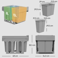 HOMCOM Cubo de Basura Extraíble bajo Fregadero con 3 Contenedores Capacidad Total 31L (15L+8Lx2) Fijación Inferior Gris Claro(m-3)