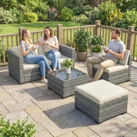 Outsunny Set mobilier grădină Polyrattan 5 piese, set lounge cu colțar, taburet, masă și perne pentru șezut și spate Gri+Cremeweiß(m-4)