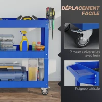 DURHAND Chariot desserte d'atelier acier 3 plateaux sur roulettes avec poignée charge max. 150 kg 83 x 35,3 x 76 cm acier bleu(m-5)