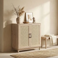 HOMCOM Buffet salon, meuble de rangement avec 2 portes en rotin, étagère réglable et bords arrondis, 76 x 35 x 75,5 cm, chêne(m-9)