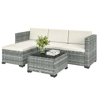 Outsunny Ensemble de jardin Polyrattan 5 pièces, set lounge avec canapé d'angle, pouf, table, coussins d'assise et de dossier Gris+Blanc crème