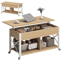 HOMCOM Mesa de Centro Elevatória com Rodas Compartimento Oculto e Prateleiras Abertas 105x50x67 cm Madeira e Branco(m-8)