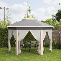 Outsunny tuinpaviljoen opvouwbaar tuinhuisje 4 x 4 m pop-up tent partytent incl. draagtas 6 zijpanelen dubbel dak zeshoekig beige + kaki(m-10)